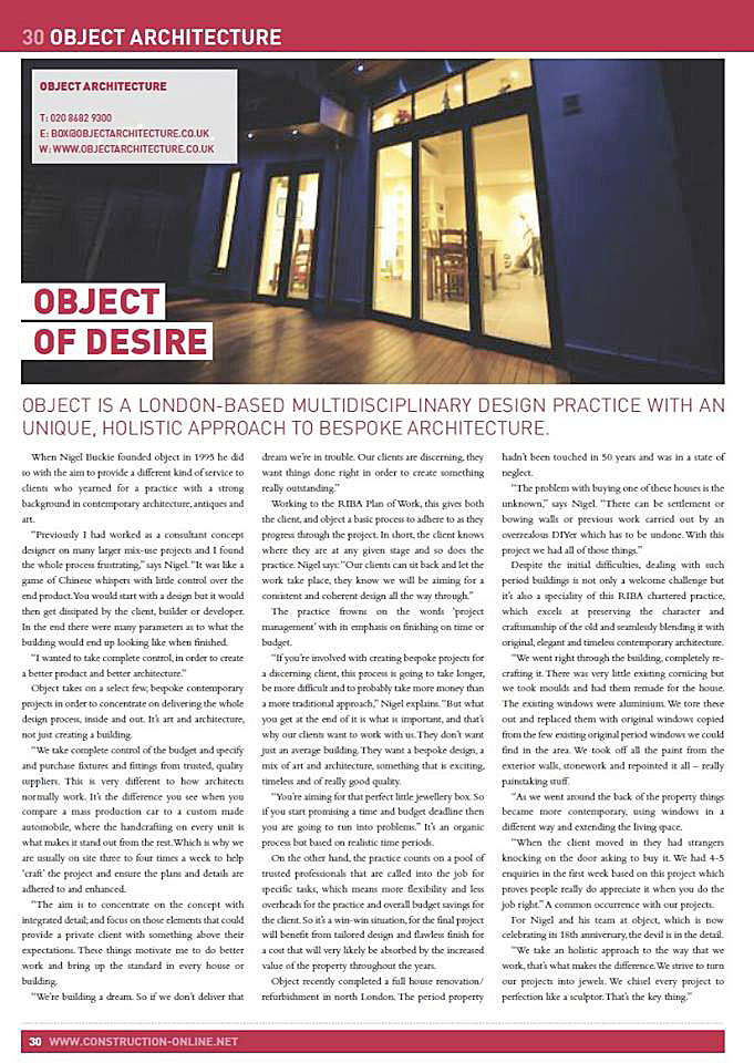 Construction Magazine 2014 Cover Features Nigel Buckie from Object Architecture and discuss bespoke architecture in London, UK