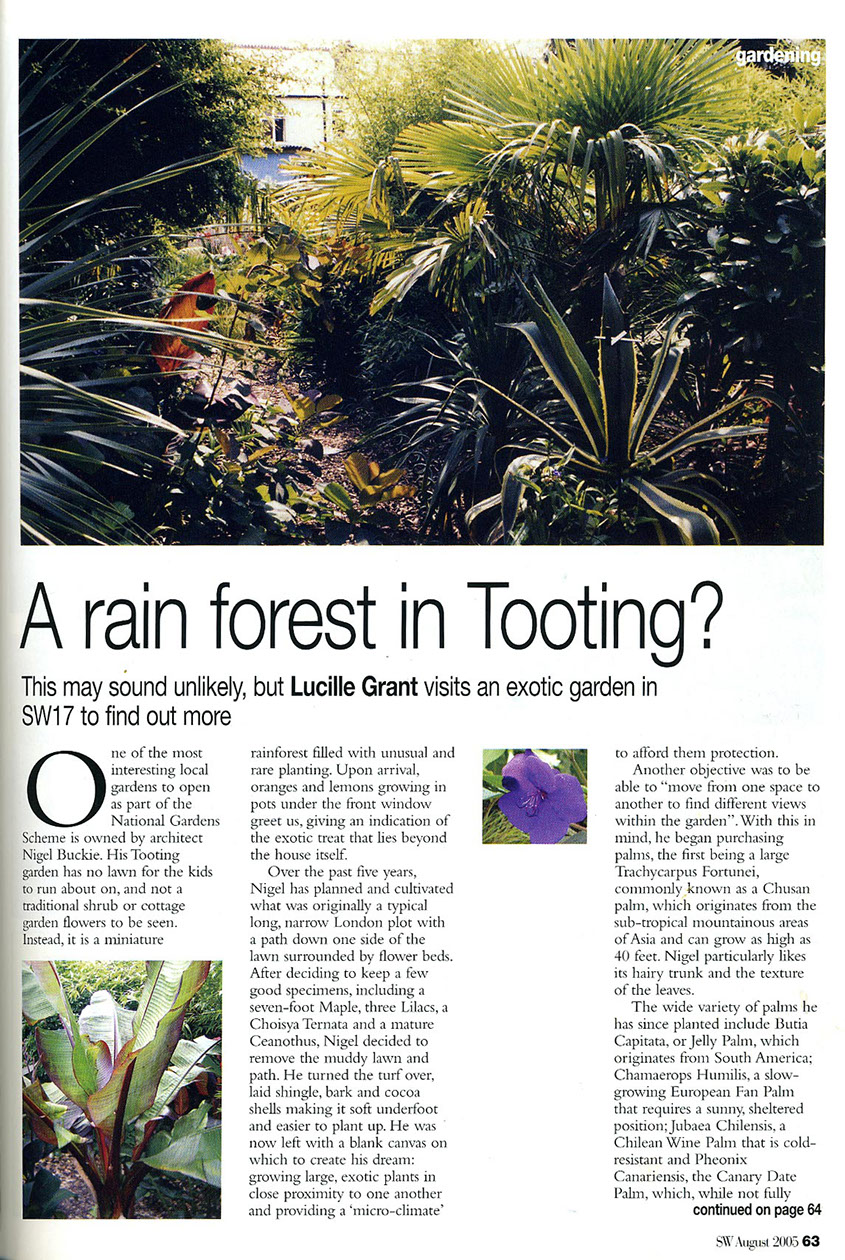 SW Magazine features Nigel Buckie from object Architecture as he shares his story on designing and planting a tropical garden in Tooting, London